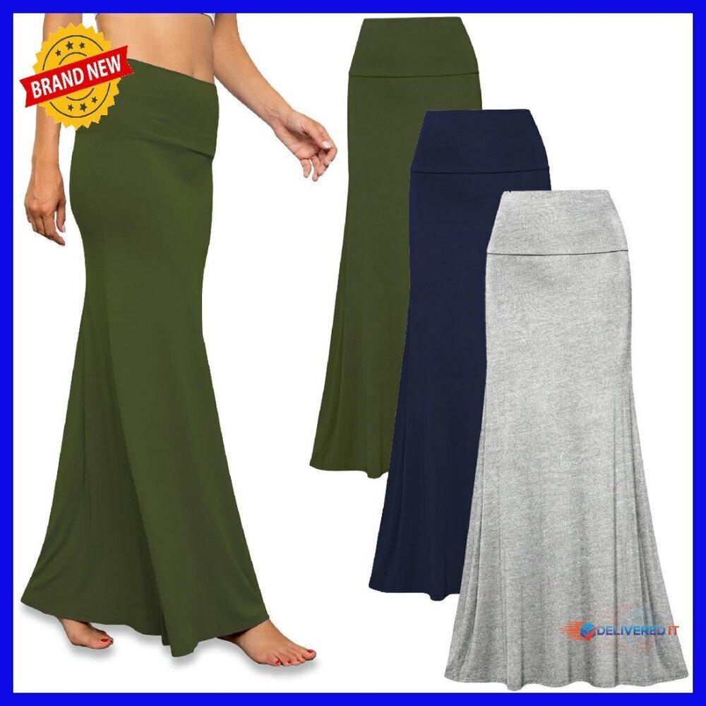 3 Pack Stretchy Maxi Skirts High Waisted Fold Over Rayon Work Casual